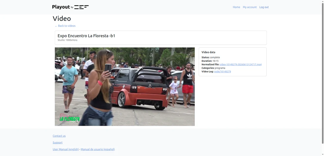 Detalle de un vídeo con su archivo normalizado, duración y categorías.