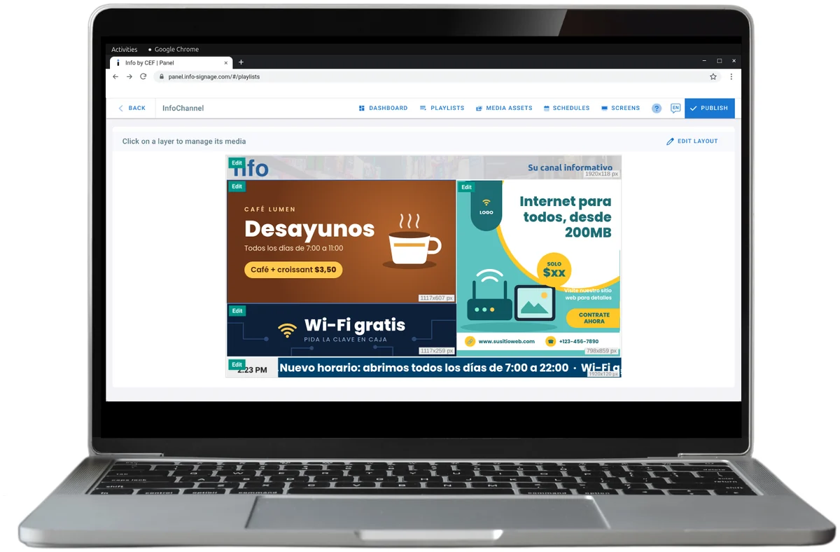 Una laptop con el editor de diseños del panel Info: una pantalla dividida en zonas con una oferta de desayuno, wifi gratis, un anuncio de internet y una cinta de noticias.