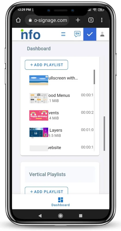 Un teléfono con el tablero del panel Info y sus listas de reproducción.